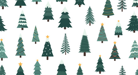 Obraz premium Seamless pattern of various types of christmas trees including stylized evergreens with snow, ornaments, and stars on a clean white background.