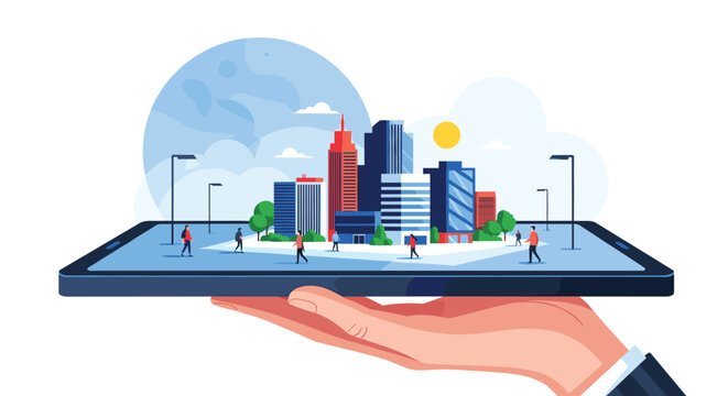 Human hand holding a smartphone displaying a detailed 3d digital city model with buildings, trees, and people representing smart city technology.