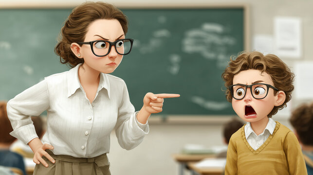 Scolding teacher, upset student: A strict teacher with glasses sternly points her finger at a shocked and dismayed young student in a classroom setting.