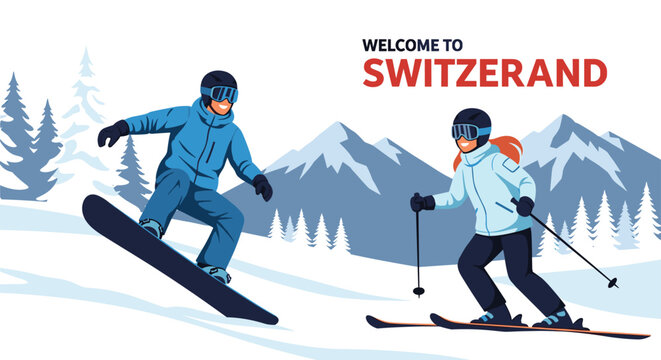 Excited snowboarder and skier gliding down a snowy mountain slope with a dense pine forest and the words welcome to switzerland in the sky.