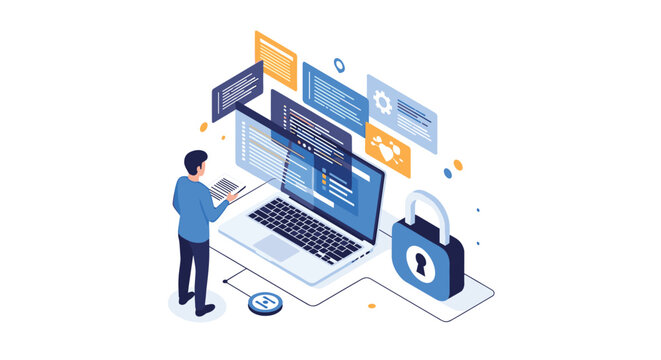 Isometric illustration of a developer working on a laptop with digital security lock and data coding elements around.
