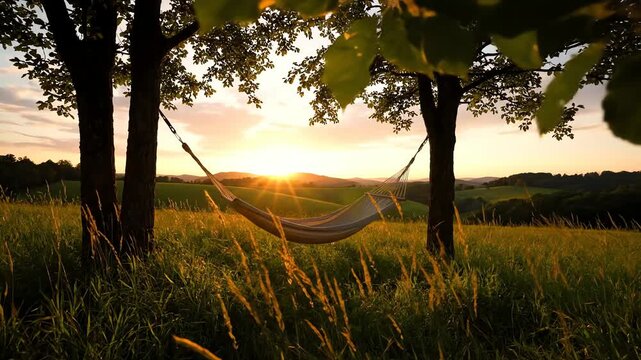 Hammock Hung Between Trees in Grassy Field at Sunset with Golden Sunstar Light Background Tranquil Scene of Rural Landscape Serene Outdoor Setting Summer