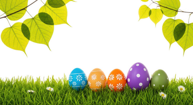 Colorful Easter eggs on grass with leaves on transparent background