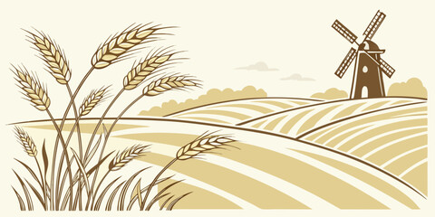 A lone windmill stands tall amidst a vast field of golden wheat under a clear blue sky. Vector © Md Kazi Rahman