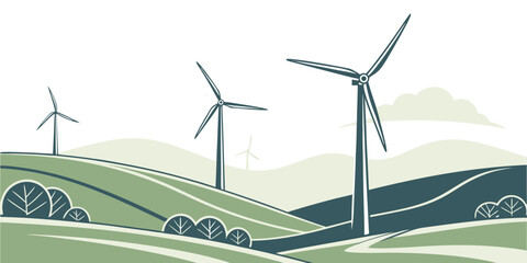 Wind turbines generating clean energy on a lush green hillside landscape Vector © Md Kazi Rahman
