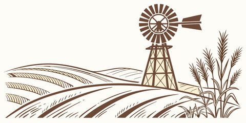 A rustic windmill stands tall in a vast, open field under a clear blue sky. Vector © Md Kazi Rahman