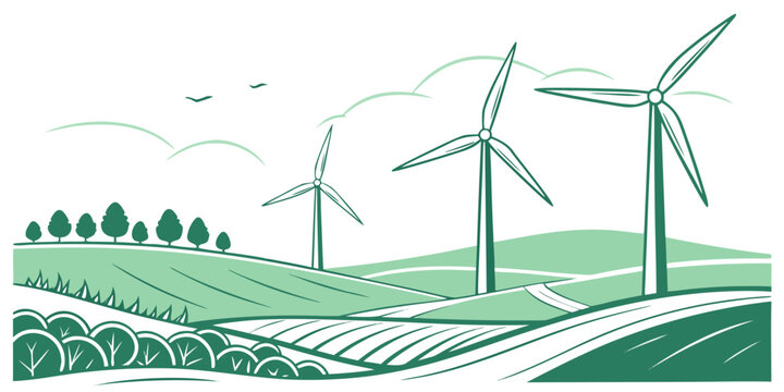 Wind turbines generating clean energy in a lush green field with trees. Vector