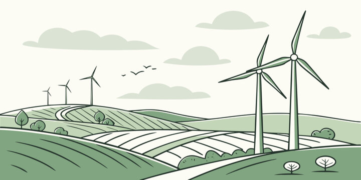 Wind turbines harnessing energy on a rolling green hillside landscape Vector