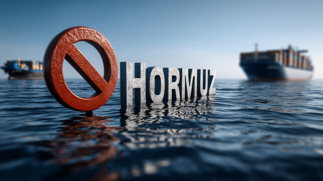 Strait of Hormuz Blockade: A symbolic representation of a blockade in the Strait of Hormuz, with cargo ships in the distance and a clear blue sky overhead.