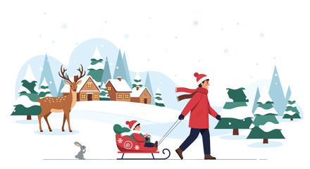 Fototapeta premium Peaceful winter village landscape with a man pulling a child on a sled past snow covered houses and forest animals.