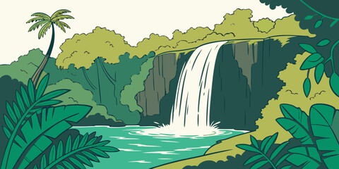 A vibrant waterfall cascading into a lush green jungle pool surrounded by tropical foliage Vector © Md Kazi Rahman