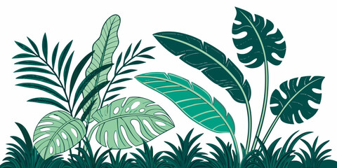 Vibrant tropical leaves in shades of green and blue on a white background Vector © Md Kazi Rahman