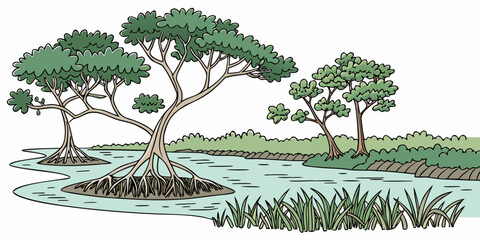 Tranquil lakeside scene with tall trees and lush vegetation Vector © Md Kazi Rahman