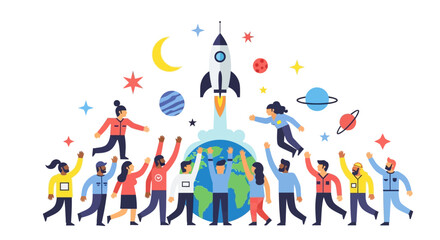 Fototapeta premium Diverse Group Celebrating Space Exploration with Rocket Launching into the Cosmos