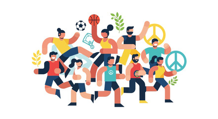 Naklejka premium Diverse Group of People Engaging in Sports and Peaceful Activities Together in a Joyful Illustration