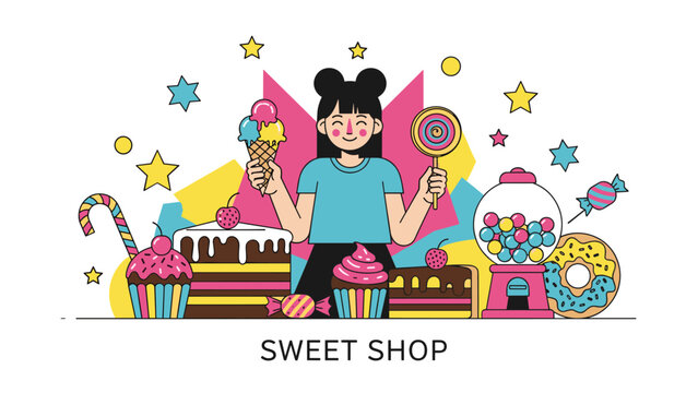 Girl surrounded by various sweets like ice cream, cake, lollipop, donuts, and gumballs in a colorful candy shop theme.
