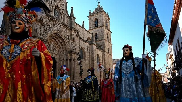 Vibrant Street Parade with Elaborate Masks and Costumes Against Medieval Stone Church Under Bright Daylight