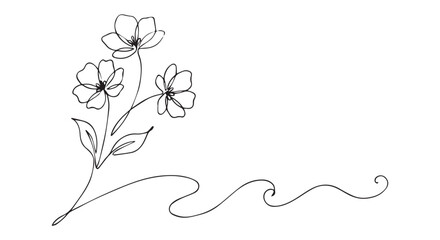 Fototapeta premium Minimalist line art of blooming flowers on a stem with leaves and decorative swirl