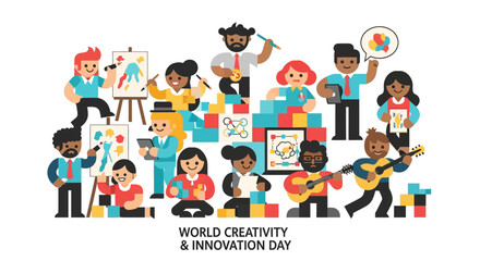 Diverse Group of People Engaging in Creative Activities on World Creativity and Innovation Day Celebration Illustration