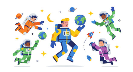 Astronauts floating in space, playing with the Earth, surrounded by stars and celestial bodies, in a joyful, dynamic illustration © Avra