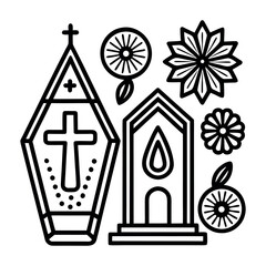 Fototapeta premium Stylized Funeral & Remembrance Vector Icons: Coffin, Candle, Flowers on white background
