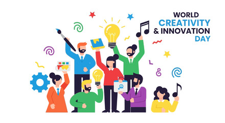 Fototapeta premium Diverse group celebrating World Creativity and Innovation Day with colorful illustrations and symbols