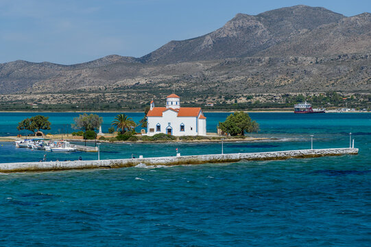 Agios Spyridon Chapel and Its Causeway across the Turquoise Water, Elafonisos, Greece