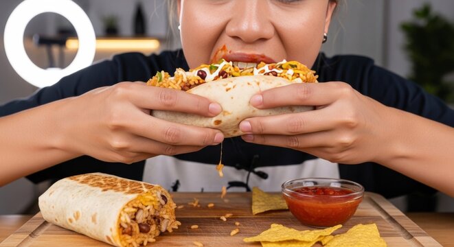 Close-up of a woman enthusiastically eating a large, loaded beef and rice burrito. A second burrito, tortilla chips, and red salsa sit on a wooden board in front of her under bright ring lighting.
