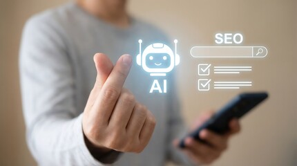 Obraz premium A person makes a finger heart gesture, holding a smartphone with glowing holographic AI robot icon and 