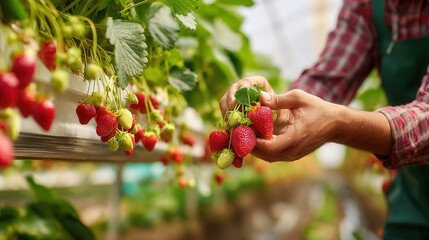 Naklejka premium Farmer harvesting ripe red strawberries from plants in a greenhouse on a sunny day
