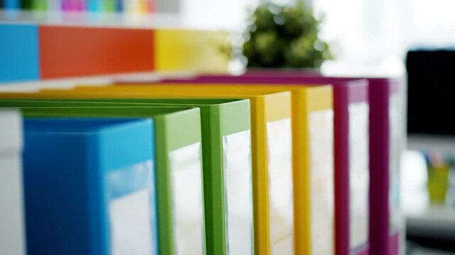 Colorful binders on office shelf zoom out