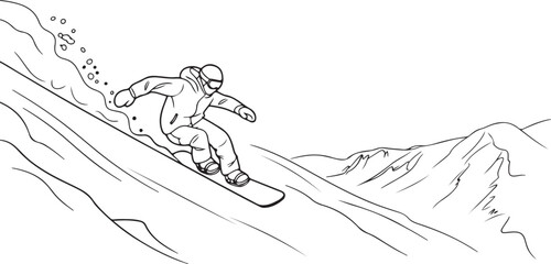 Obraz premium Vector illustration. An experienced snowboarder descends from the mountain. Line drawing. Editable stroke