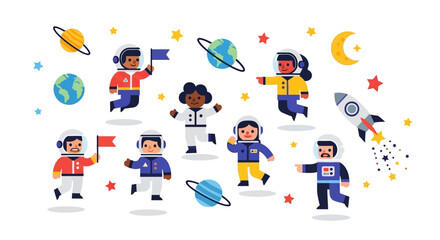 Fototapeta premium Children in Space Suits Floating Among Planets and Stars in a Vibrant Illustration