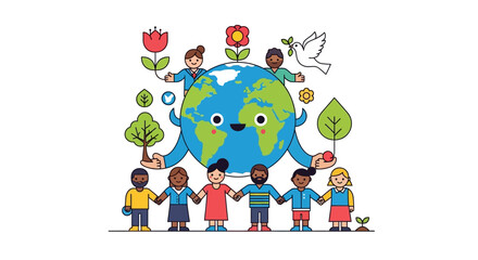 Fototapeta premium Diverse children holding hands around a smiling Earth surrounded by nature elements in a whimsical illustration