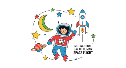 Astronaut floating among stars and planets celebrating International Day of Human Space Flight in a whimsical illustration