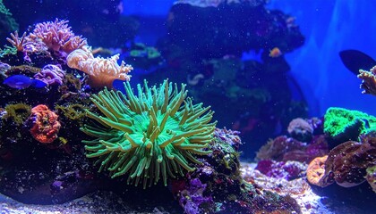 Obraz premium Close-up of vibrant coral and marine life thriving in a well-lit, immersive aquarium