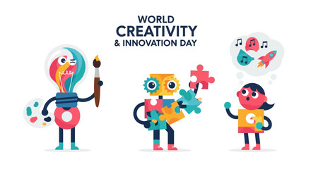 Vibrant illustration of children and robots celebrating creativity and innovation on World Creativity Day. © Avra