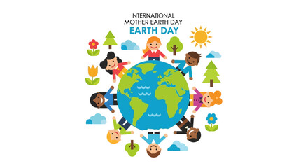 Fototapeta premium Diverse children embracing Earth with nature symbols surrounding the globe on Earth Day