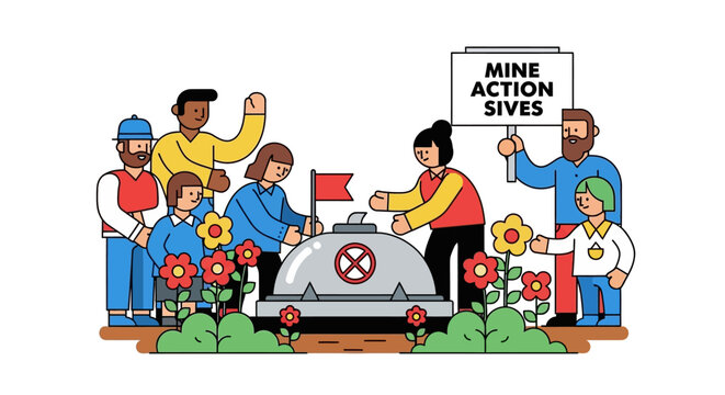 Diverse group protesting with sifters in a garden, promoting mine action awareness