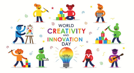 Fototapeta premium Vibrant illustration of creativity and innovation day, featuring diverse individuals engaging in various artistic activities