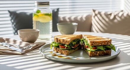 Sandwiches on a plate with a refreshing drink on a sunny table indoors