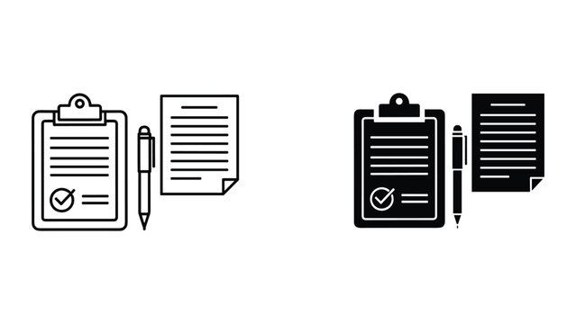 Clipboard with Document and Pen Icons - Line and Solid Versions, Checklist, Agreement, Contract, Approval