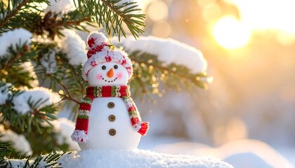 Obraz premium Snowy snowman toy on a pine branch, wearing a hat and scarf, warm, bright background, winter wonderland
