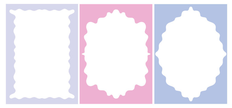 Wavy Whimsical Frames Set. Scalloped Edge Borders Collection for Wedding, Menu, Birthday Invitation Design Template. Minimalist Aesthetic Doodle Design.