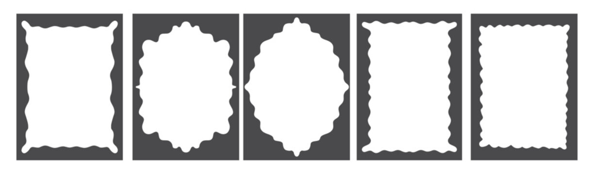 Wavy Whimsical Frames Set. Scalloped Edge Borders Collection for Wedding, Menu, Birthday Invitation Design Template. Minimalist Aesthetic Doodle Design.