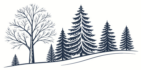 A serene forest landscape with tall trees and a gentle slope in the background Vector © ADOBE