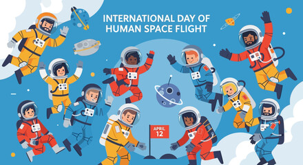 Diverse astronauts floating in space celebrating International Day of Human Space Flight with joy and excitement © Avra