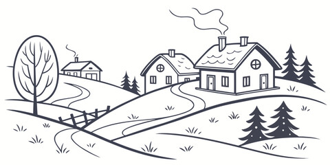 Fototapeta premium A serene winter landscape with a house, trees, and a winding road Vector