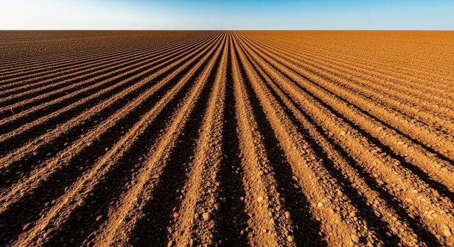A vast agricultural field recently sown, showing rich brown soil textures and long, straight rows ready for future crops, prepared, horizon, yield