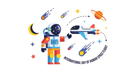 Cosmonaut floating amidst stars, planets, and spacecraft in a vibrant illustration celebrating human space flight